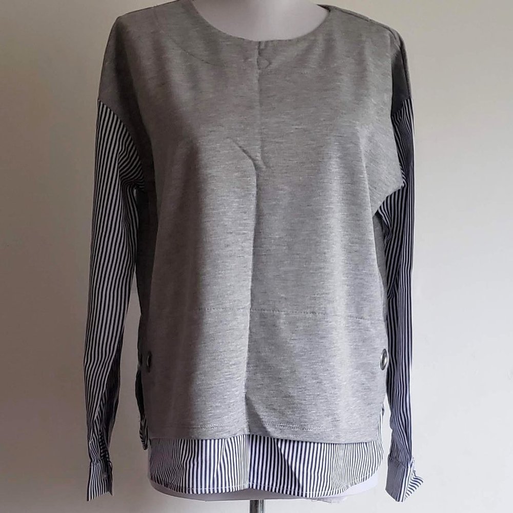 New S - M KOTON Europe Grommet  Mixed Media Striped Long Sleeve Top Shirt